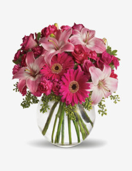 Arreglo de Rosas, Lirios y Gerberas en Florero – Encanto Rosado Premium