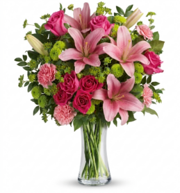 Arreglo de Rosas, Lirios y Claveles en Florero de Cristal – Elegancia Mixta