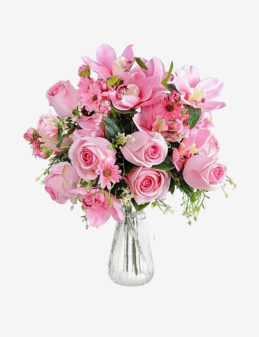 Arreglo de Rosas Rosas en Florero de Vidrio – Encanto Rosado