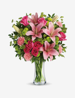 Arreglo de Rosas, Lirios y Claveles en Florero de Cristal – Elegancia Mixta