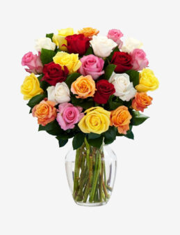 Arreglo de 36 Rosas Multicolor en Florero de Cristal – Arcoíris de Rosas