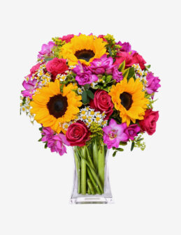 Arreglo de Girasoles y Rosas Rojas en Florero de Cristal – Sol Radiante