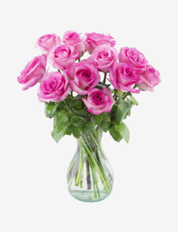 Arreglo de 12 Rosas Rosas en Florero de Cristal – Rosa Plena