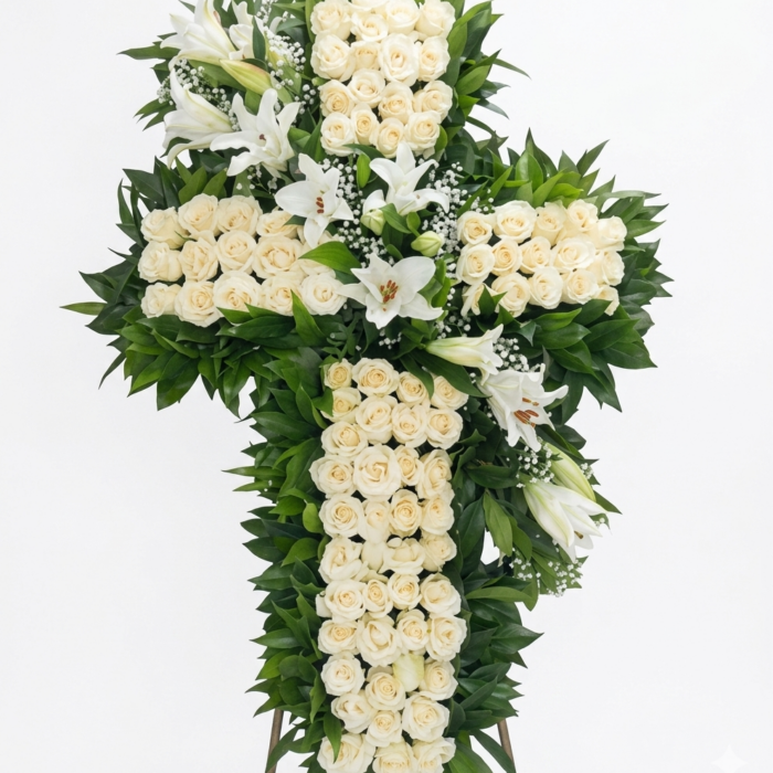 Cruz funebre rosas blancas a domicilio en CDMX | Floreshoy