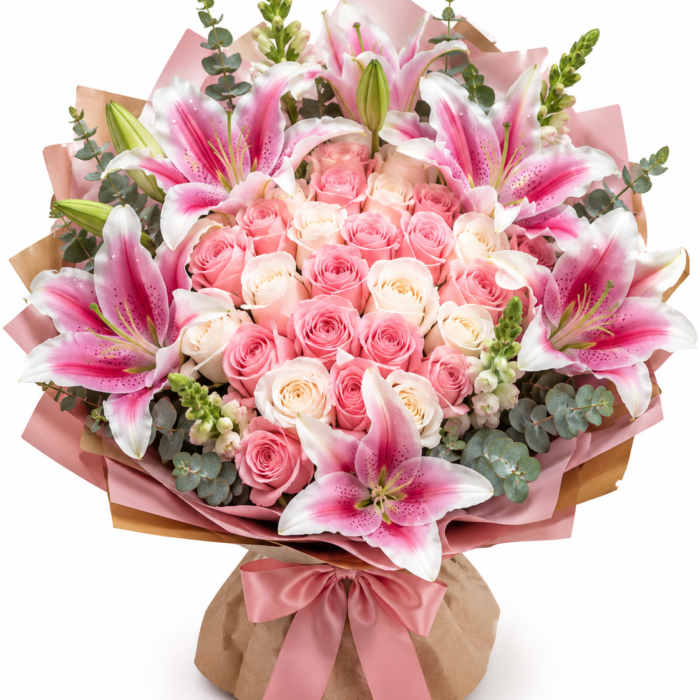 Ramo de Lilis y rosas blancas y rosas elegantes envuelto en elegante papel coreano - FloresHoy CDMX