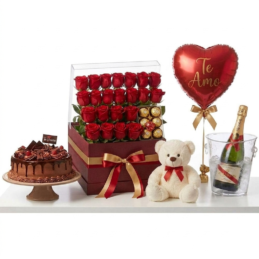 Box Luxury Celebration Rosas Rojas,Chocolates, Pastel, Globo & Champagne