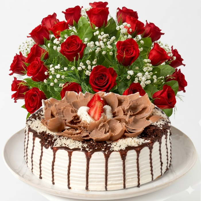 Paquete de regalo con ramo de rosas rojas y pastel de 3 leches a domicilio en CDMX
