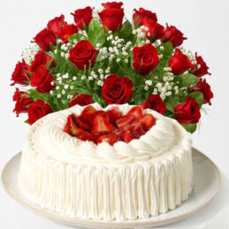 Paquete de 24 Rosas Rojas y Pastel de Fresas