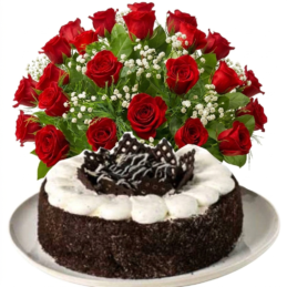 Paquete de regalo con ramo de rosas rojas y pastel de chocolate a domicilio en CDMX