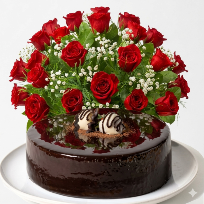 Paquete de regalo con ramo de rosas rojas y pastel de chocolate a domicilio en CDMX