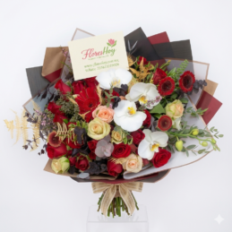 Ramo de Flores de Orquídeas Blancas, Rosas Rojas, Gerbera Roja y Mini Rosas